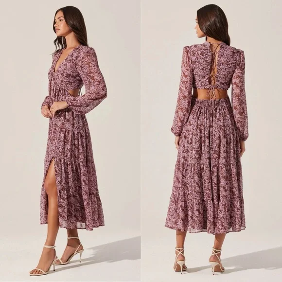 Astr | Dresses | New Astr V Neck Cutout Floral Lace Up Long Sleeve Midi  Dress | Poshmark